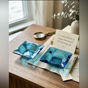 Vintage MCM Electric Blue Glass Ashtray Set - 2pc Square Catchall Dishes